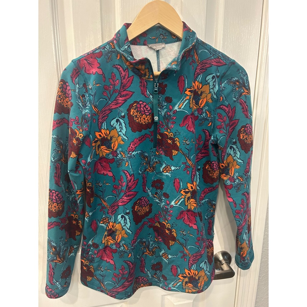T by Talbots Pullover Teal Floral Quarter Zip Mock Neck Long Sleeve‎ Active Top